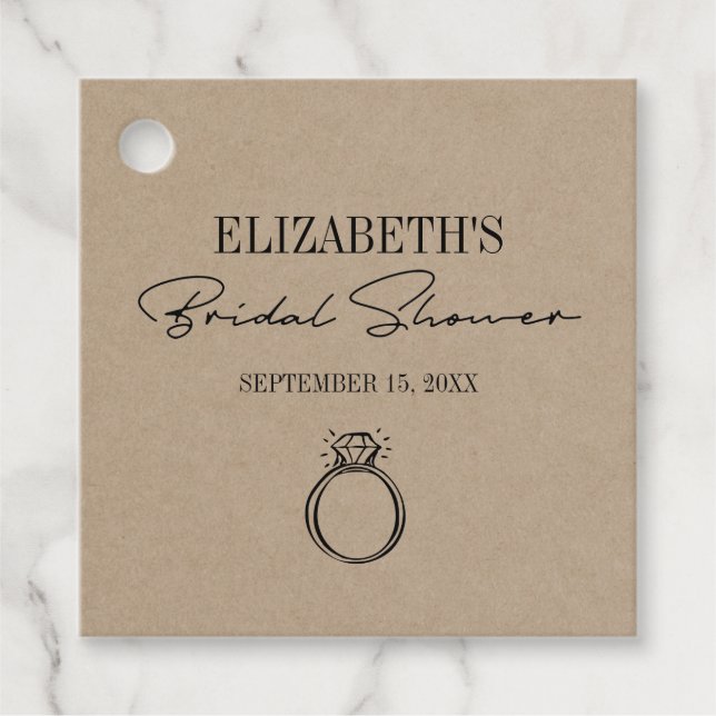 Rustic Kraft Modern Script Möhippa med Ring Gåvor Etiketter (Framsida)