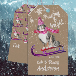 Rustic Kraft Mountain Hund Merry & Bright Sleding Presentetikett