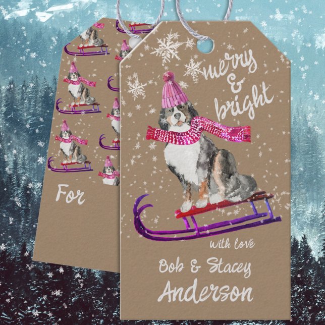 Rustic Kraft Mountain Hund Merry & Bright Sleding Presentetikett (Rustic Kraft Mountain Dog Merry & Bright Sledding Christmas Holiday Gift Wrapping Name Tag
)