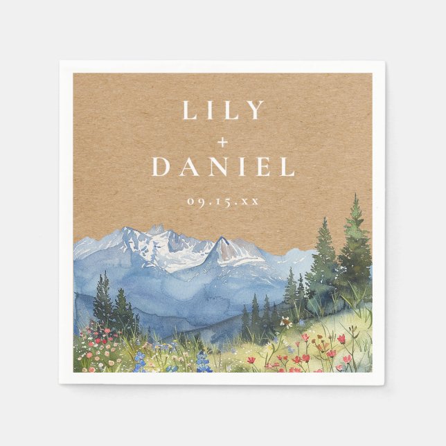 Rustic Kraft Mountain Wildblomma Bröllop Pappersservett (Framsidan)