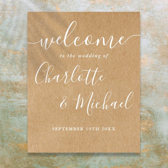 Rustic Kraft Namnteckning Bröllop välkomstskylt Poster (Rustic Kraft Signature Script Wedding Welcome Sign)