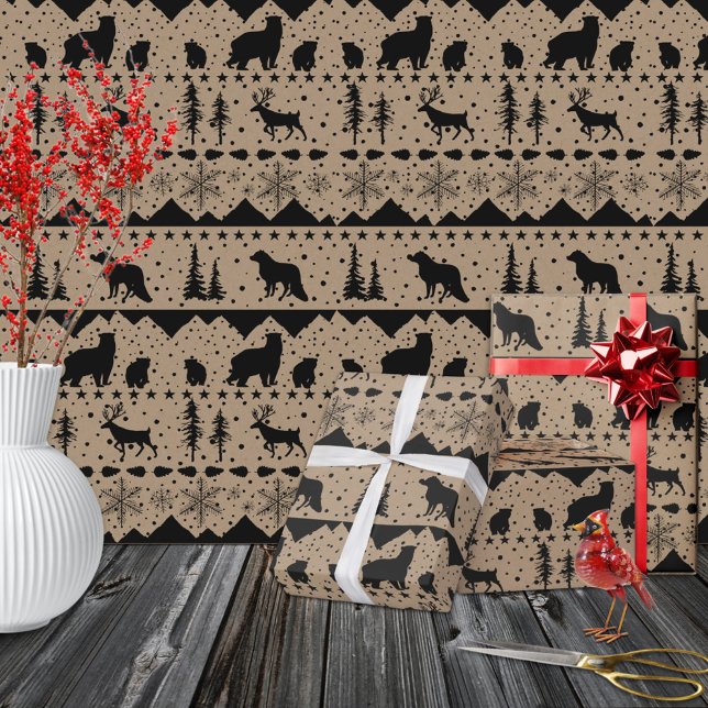 Rustic Kraft Nordic Sweater Black Winter Animals Presentpapper (Rustic Kraft Nordic Sweater Black Winter Animals Christmas Holiday Neutral Gift Wrapping Paper Roll)