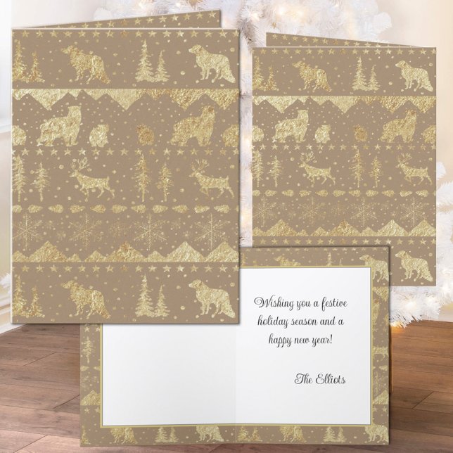 Rustic Kraft Nordic Sweater Guld Winter Animals Helgkort (Rustic Kraft Nordic Sweater Gold Winter Animals Christmas Holiday Wraparound Graphics Foided Card)
