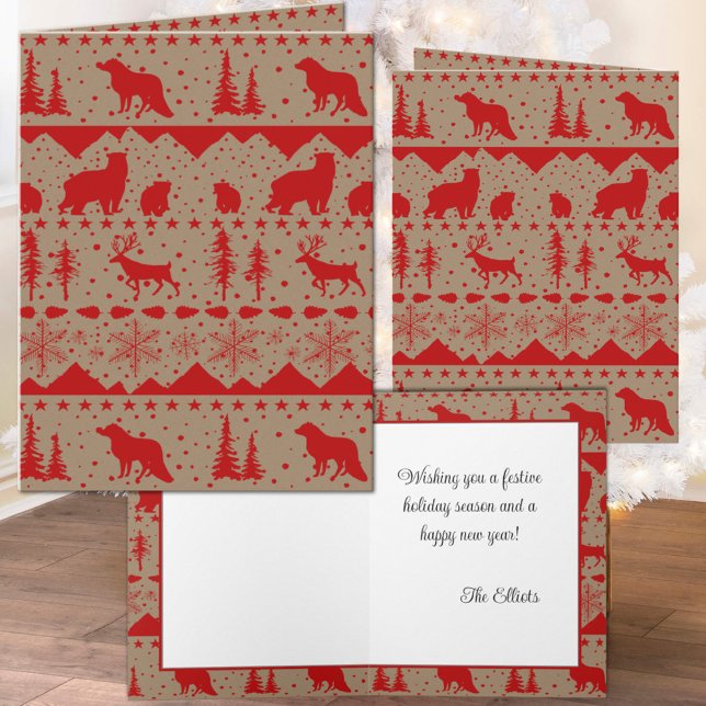 Rustic Kraft Nordic Sweater Red Winter Animals Helgkort (Rustic Kraft Nordic Sweater Red Winter Animals Holiday Christmas Wraparound Graphics Folded Card)