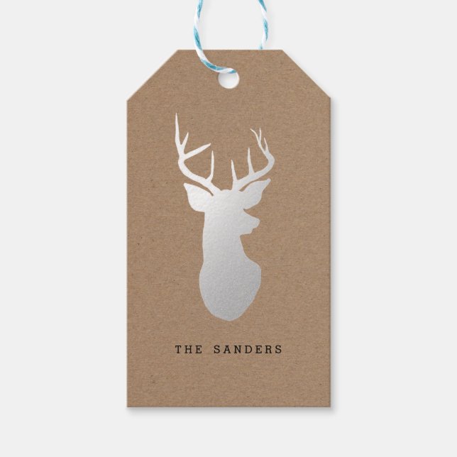 Rustic Kraft Paper jul jul Silver Reindeer Presentetikett (Framsidan)