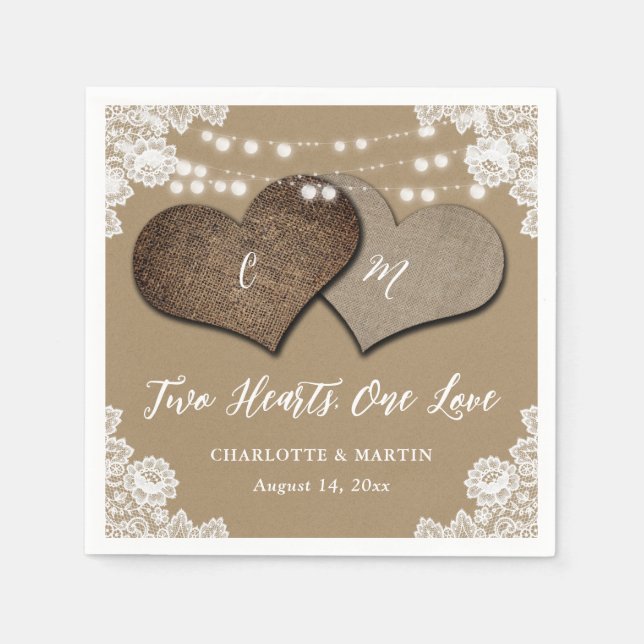 Rustic Kraft Papper Burlap Snöre Monogram Bröllop Pappersservett (Framsidan)