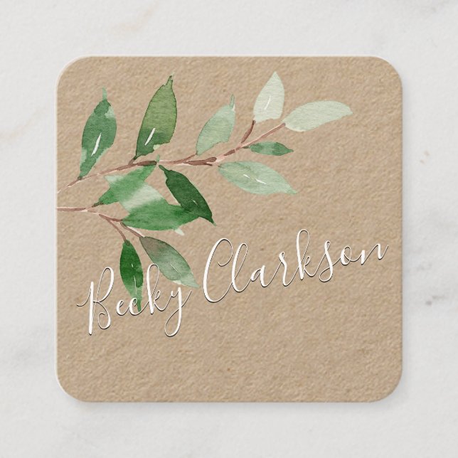 Rustic Kraft Papper Greenery White-skript Fyrkantigt Visitkort (Framsida)
