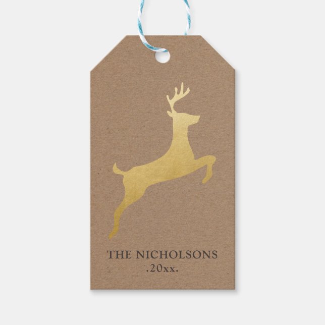 Rustic Kraft Papper jul Guld Reindeer Presentetikett (Framsidan)
