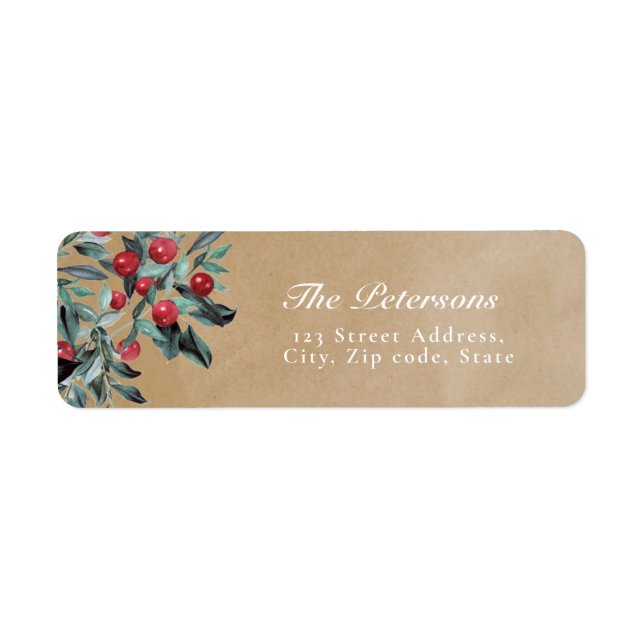 Rustic Kraft Papper Red jul Holly Berries Returadress Etikett (Framsidan)