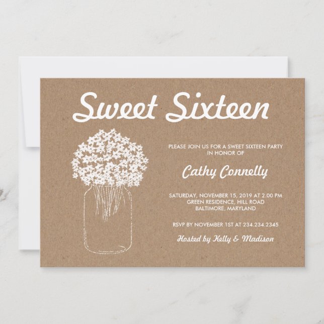 Rustic Kraft Pappra Mason Burk Flowers Sweet sixte Inbjudningar (Framsida)