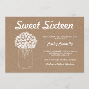 Rustic Kraft Pappra Mason Burk Flowers Sweet sixte Inbjudningar