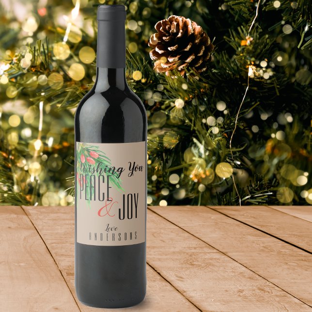 Rustic Kraft Peace och Joy Mistletoe Jul Vinflaska Etikett (Rustic Kraft Peace And Joy Mistletoe Christmas Wine Label)