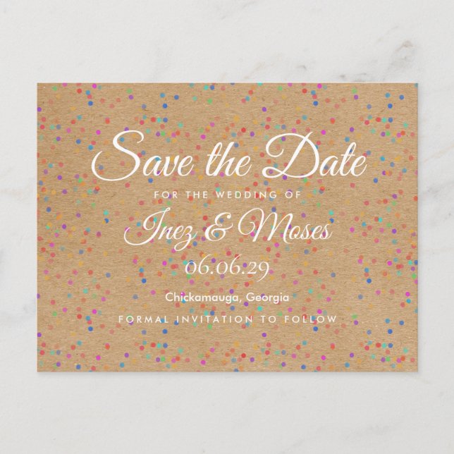 Rustic Kraft Rainbow Confetti Spara datumet Vykort (Framsida)
