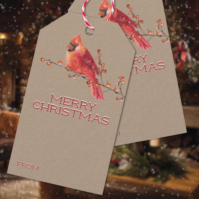 Rustic Kraft Red Cardinal Berries God jul Presentetikett (Rustic Kraft Red Cardinal Berries Merry Christmas Holiday Gift-Giving Name Tag)