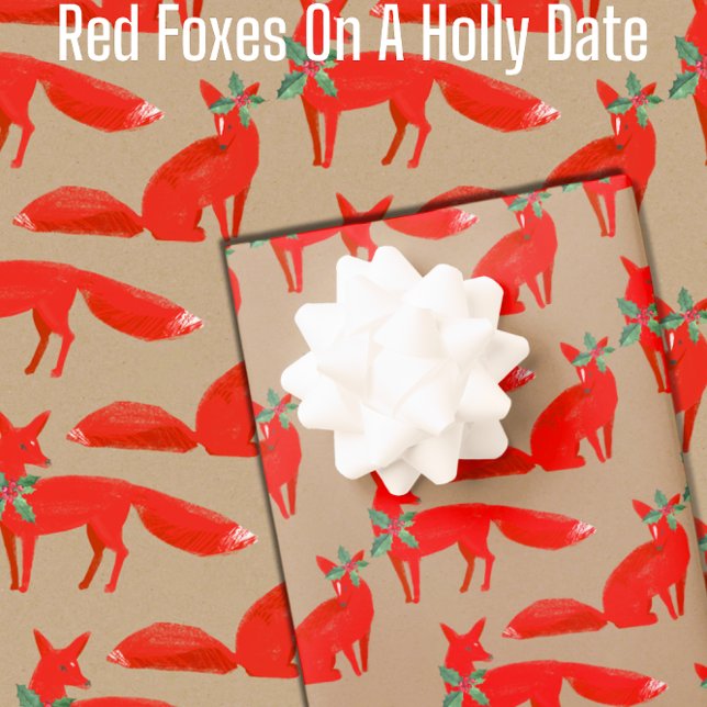 Rustic Kraft Red Foxes on a Holly Date Presentpapper (Rustic Kraft Red Foxes On A Holly Date Christmas Gift Wrap Available in 6 & 15 foot long rolls)
