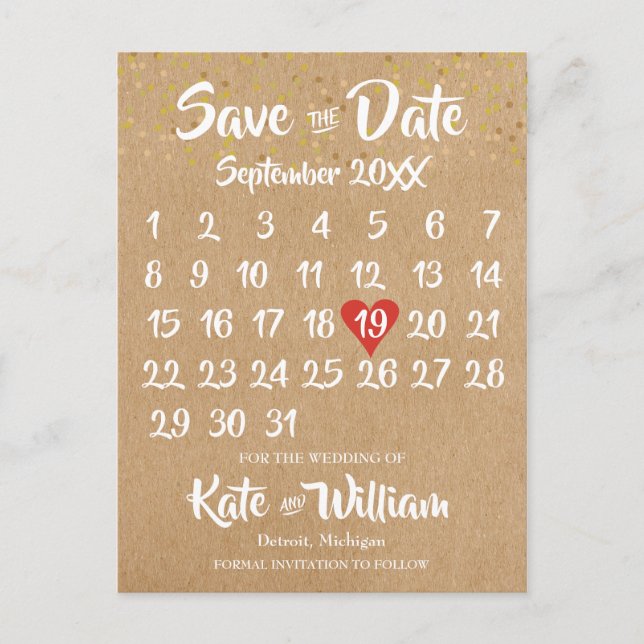Rustic Kraft Red Heart Calendar Spara datumet Vykort (Framsida)