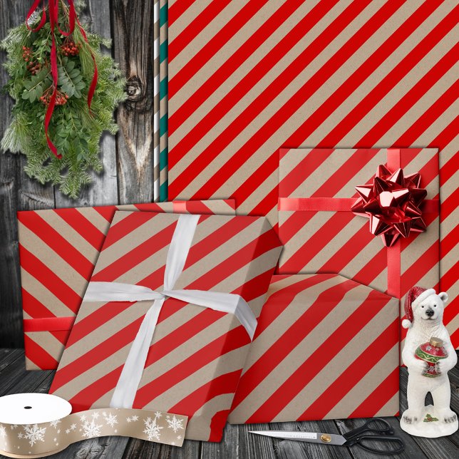 Rustic Kraft Red Wide Rand Helgdag Presentpapper (Rustic Kraft Red Wide Stripe Holiday Wrapping Paper Rolls in 6 and 15 foot lengths at 30 inches tall)