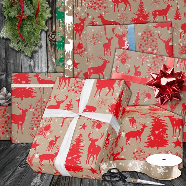 Rustic Kraft Red Woodland Forest Reindeer Presentpapper (Rustic Kraft Red Woodland Forest Reindeer Wrapping Paper in 6 & 15 foot long 30 inch rolls)