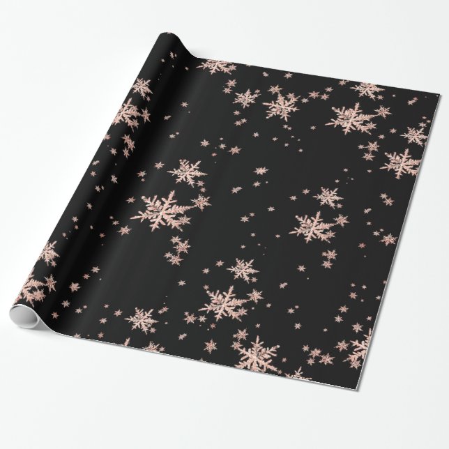 Rustic Kraft  Rosa Guld Snöflingor Black Presentpapper (Utrullad)