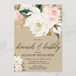 Rustic kraft rosa magnolia brunch bubbla inbjudningar