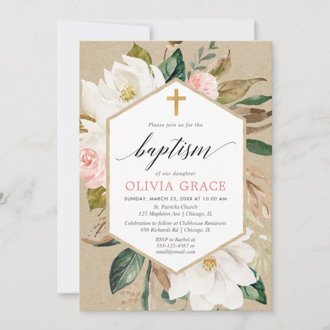 Rustic kraft,  rosa, vit blommigt, flicka, baptism inbjudningar (Framsida)