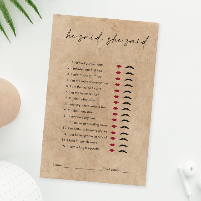 Rustic Kraft sa att hon sa Möhippa Game (rustic kraft he said she said bridal shower game)