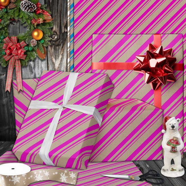 Rustic Kraft Shock rosa Rand Helgdag Presentpapper (Hot Pink Candy Cane Stripe Holiday Wrapping Paper Rolls in 6 and 15 foot rolls.)
