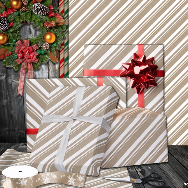 Rustic Kraft Snö White Rand Helgdag Presentpapper (Snow White Candy Cane Stripe Holiday Wrapping Paper Rolls in 6 and 15 foot rolls.)