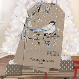 Rustic Kraft Snowy Chickadee Bird God jul Presentetikett