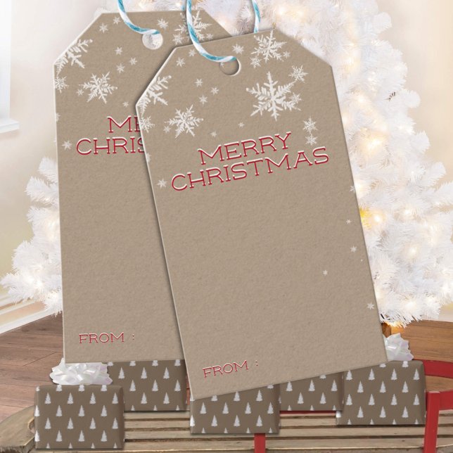 Rustic Kraft Snowy Red God jul Writing Presentetikett (Rustic Kraft Snowy Red Merry Christmas Writing Holiday Gift Wrapping Name Tag
)