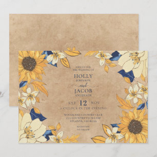 Rustic Kraft Solrosblå Gult Blommigt Bröllop Inbjudningar