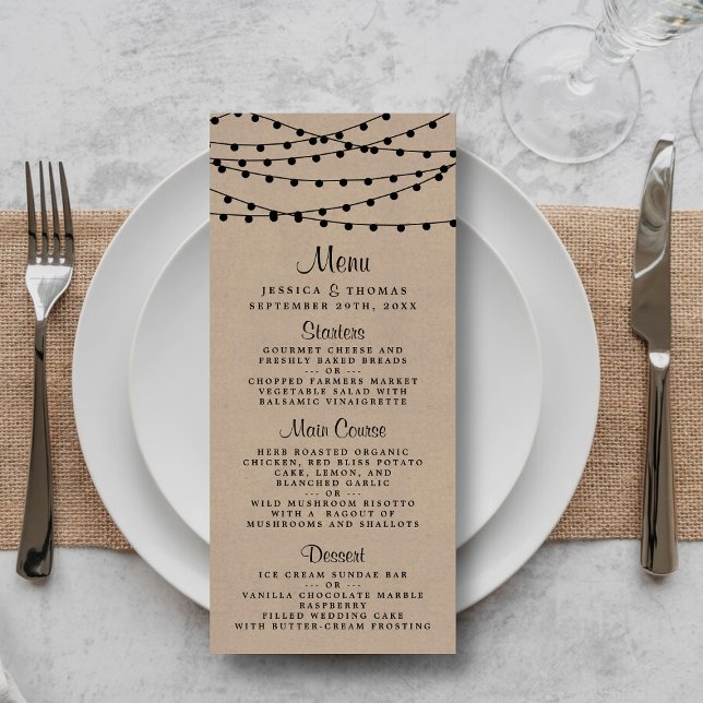 Rustic Kraft String Ljus Bröllop Menu Reklamkort (Skapare uppladdad)