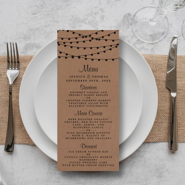 Rustic Kraft String Ljus Bröllop Menu Reklamkort (Skapare uppladdad)