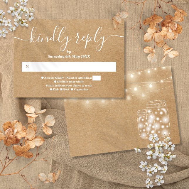 Rustic Kraft String Ljus Mason Burk OSA kort (Rustic Kraft String Lights Mason Jars RSVP Card)