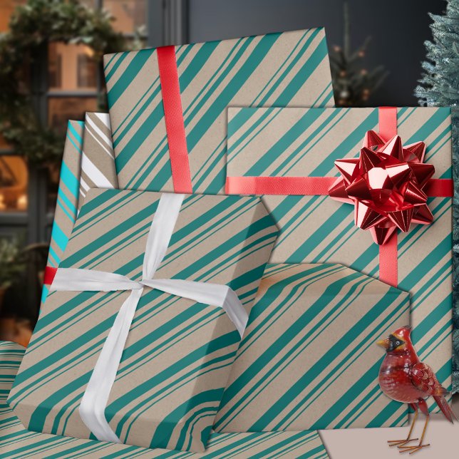 Rustic Kraft Teal Grönt Rand Helgdag Presentpapper (Rustic Kraft Teal Green Candy Cane Stripe Holiday Wrapping Paper in 6 and 15 foot rolls.)