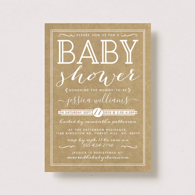 Rustic Kraft Trendig Typography Baby Shower Inbjudningar (Skapare uppladdad)