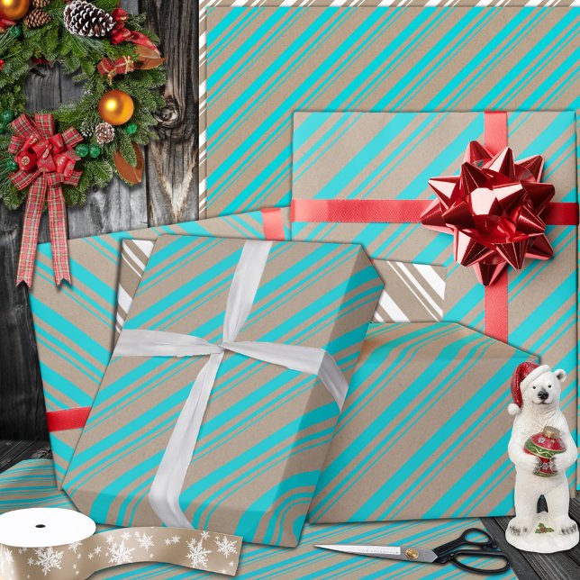 Rustic Kraft Turquise Aqua Blue Rand Helgdag Presentpapper (Turquoise Blue Candy Cane Stripe Holiday Wrapping Paper Rolls in 6 and 15 foot rolls.)