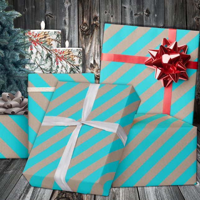 Rustic Kraft Turquise Blue Wide Rand Helgdag Presentpapper (Rustic Kraft Turquoise Blue Wide Stripe Holiday Wrapping in 6 and 15 foot long 30 Inch Width Rolls
)
