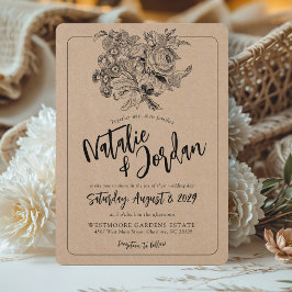 Rustic Kraft Vintage Floral Boho Botanical Wedding Inbjudningar