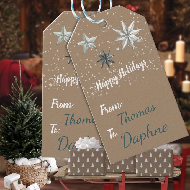 Rustic Kraft Vintage Star Ornaments Snowfall Presentetikett (Rustic Kraft Vintage Star Ornaments Snowfall Christmas Holiday Gift Wrapping Name Tag)