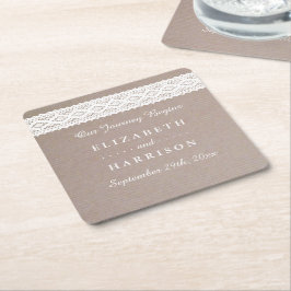 Rustic Kraft & Vintage White Snöre Bröllop Underlägg Papper Kvadrat