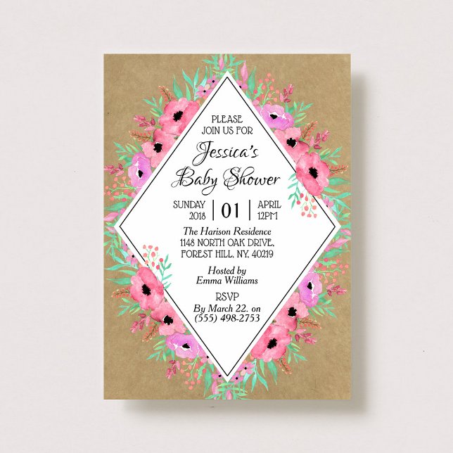 Rustic Kraft & Watercolor Flowers Baby Shower Inbjudningar (Skapare uppladdad)
