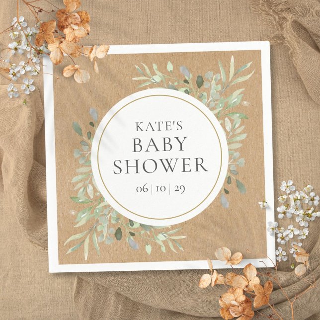 Rustic Kraft Watercolor Greenery Baby Shower Pappersservett (Rustic Kraft Watercolor Greenery Baby Shower Napkins)