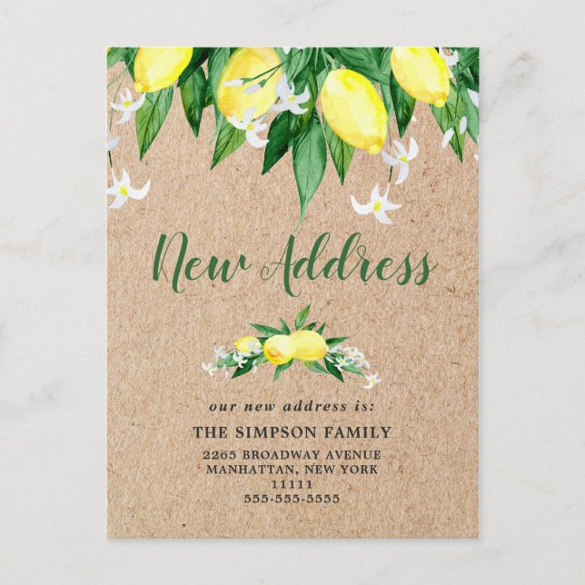 Rustic Kraft Watercolor Lemons Flytta Announcement Vykort (Framsida)