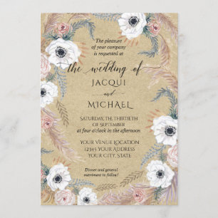 Rustic Kraft White Blommigt BOHO Pampas Grass Trop Inbjudningar