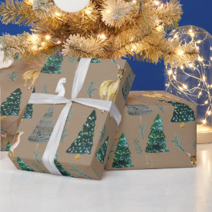 Rustic Kraft Winter Animals Grönt Spruce Träd Presentpapper