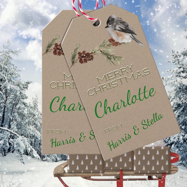 Rustic Kraft Winter Sparrow Bird & Gräs Grenar Presentetikett (Rustic Kraft Winter Sparrow Bird & Pine Branches Christmas Holiday Gift Wrapping Name Tag
)