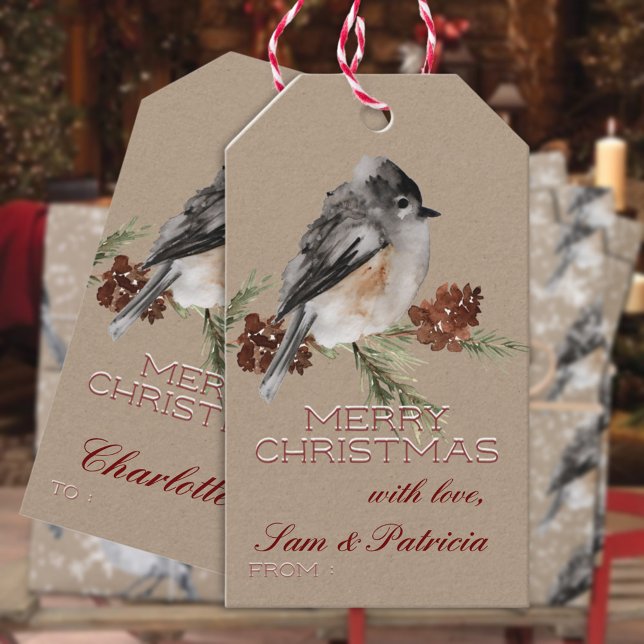 Rustic Kraft Winter Sparrow Resting på Gräs Gren Presentetikett (Rustic Kraft Winter Sparrow Resting On Pine Branch Christmas Holiday Gift Wrapping Name Tag)