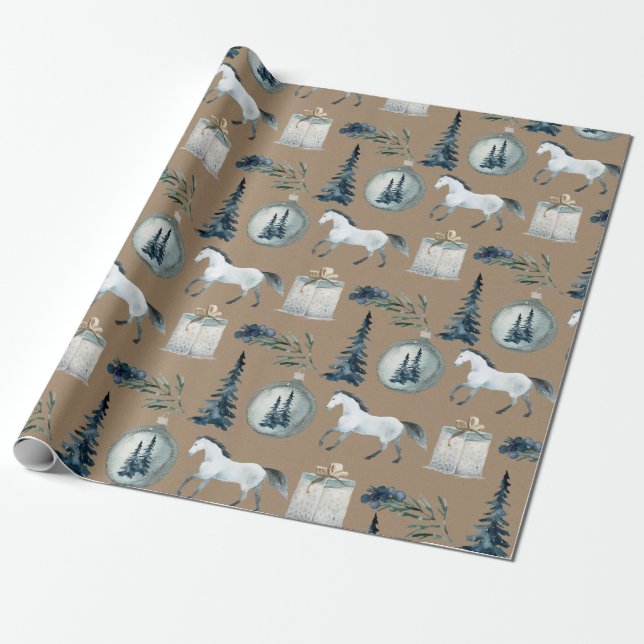 Rustic Kraft Winter White Horse & Blue Spruce 2 Presentpapper (Utrullad)