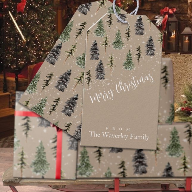 Rustic Kraft Winter Woodland Snowy Spruce Träd Presentetikett (Rustic Kraft Winter Woodland Snowy Spruce Trees Christmas Holiday Editable Gift Tags)